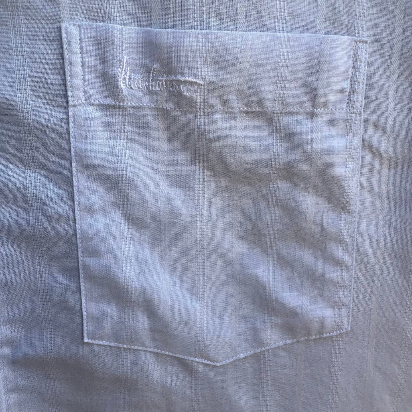 Manhattan Vintage 90s Preppy Shadow Stripe Linen Cotton Shirt Pastel Blue Mens L