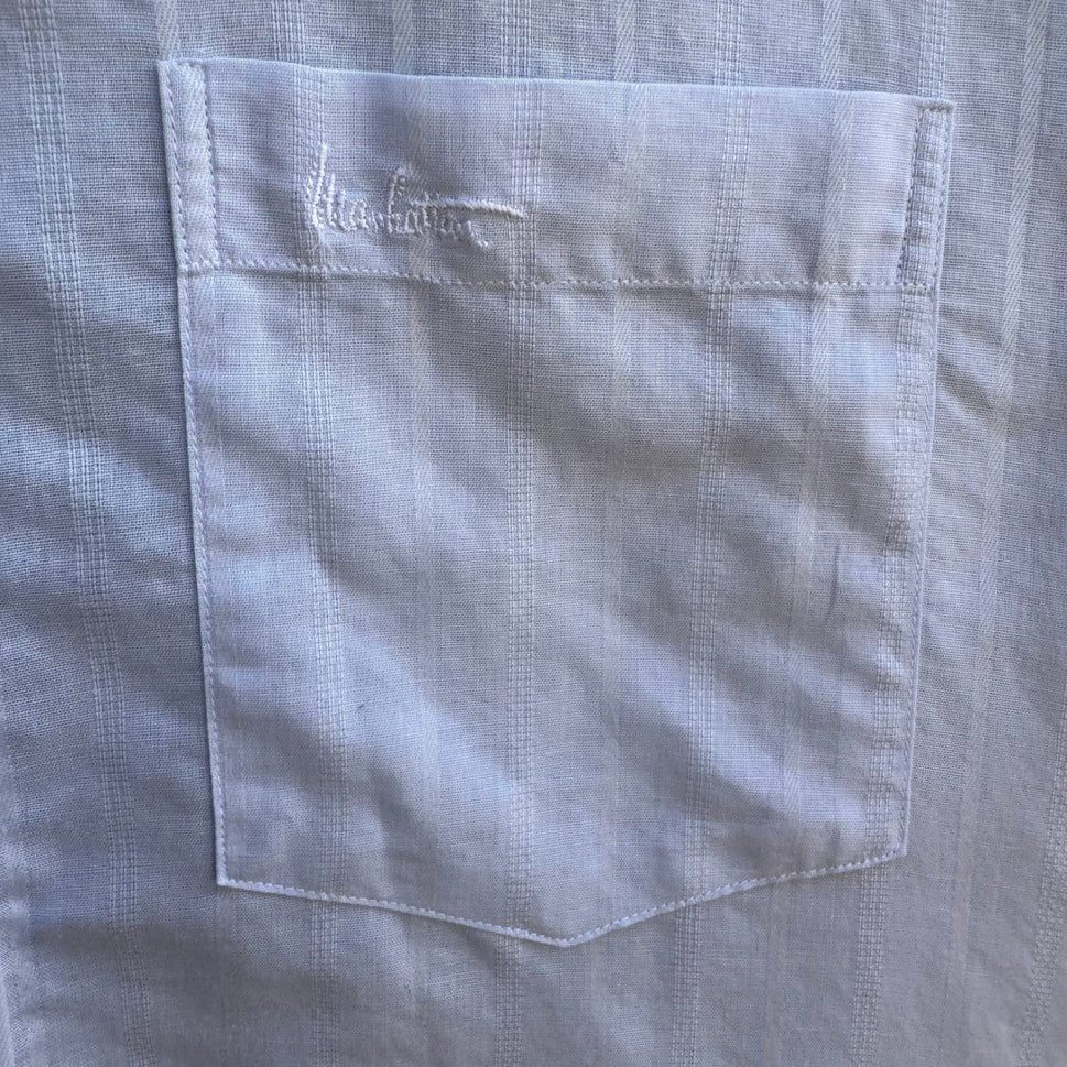 Manhattan Vintage 90s Preppy Shadow Stripe Linen Cotton Shirt Pastel Blue Mens L
