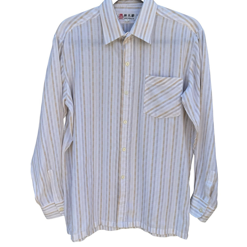 Vintage SDD Sindaedo Co Tan White Striped Textured Button Up Shirt Mens L Korea