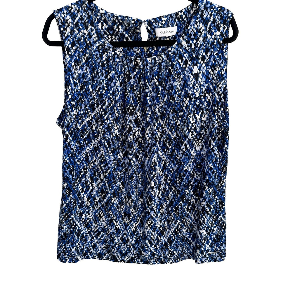 Calvin Klein Blue Black Abstract Snakeskin Print Sleeveless Blouse Professional