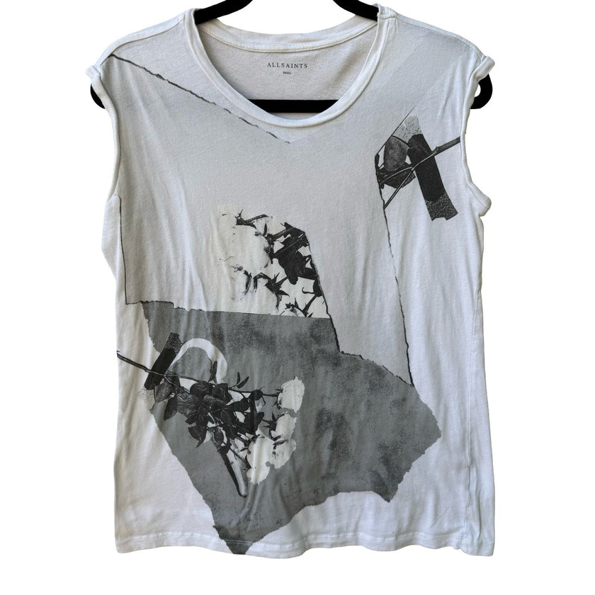 AllSaints Graphic Floral Rose Sleeveless Alt Edgy Rocker Muscle Tee Shirt Mens S