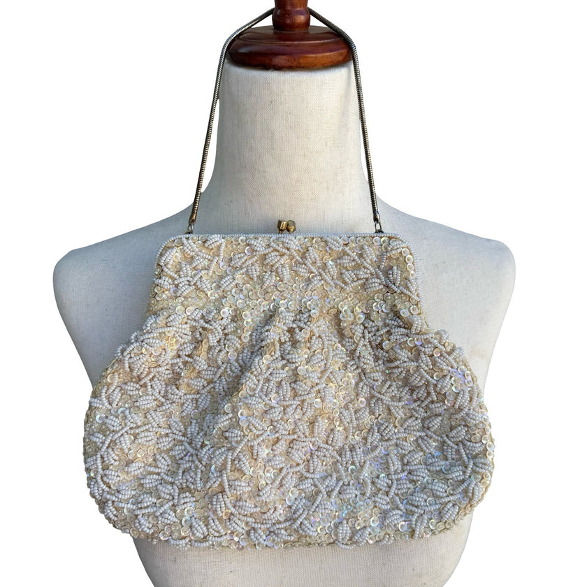 La Regale Vintage Beaded Sequin Evening Bag Cream Gold Snake Chain Kiss Lock