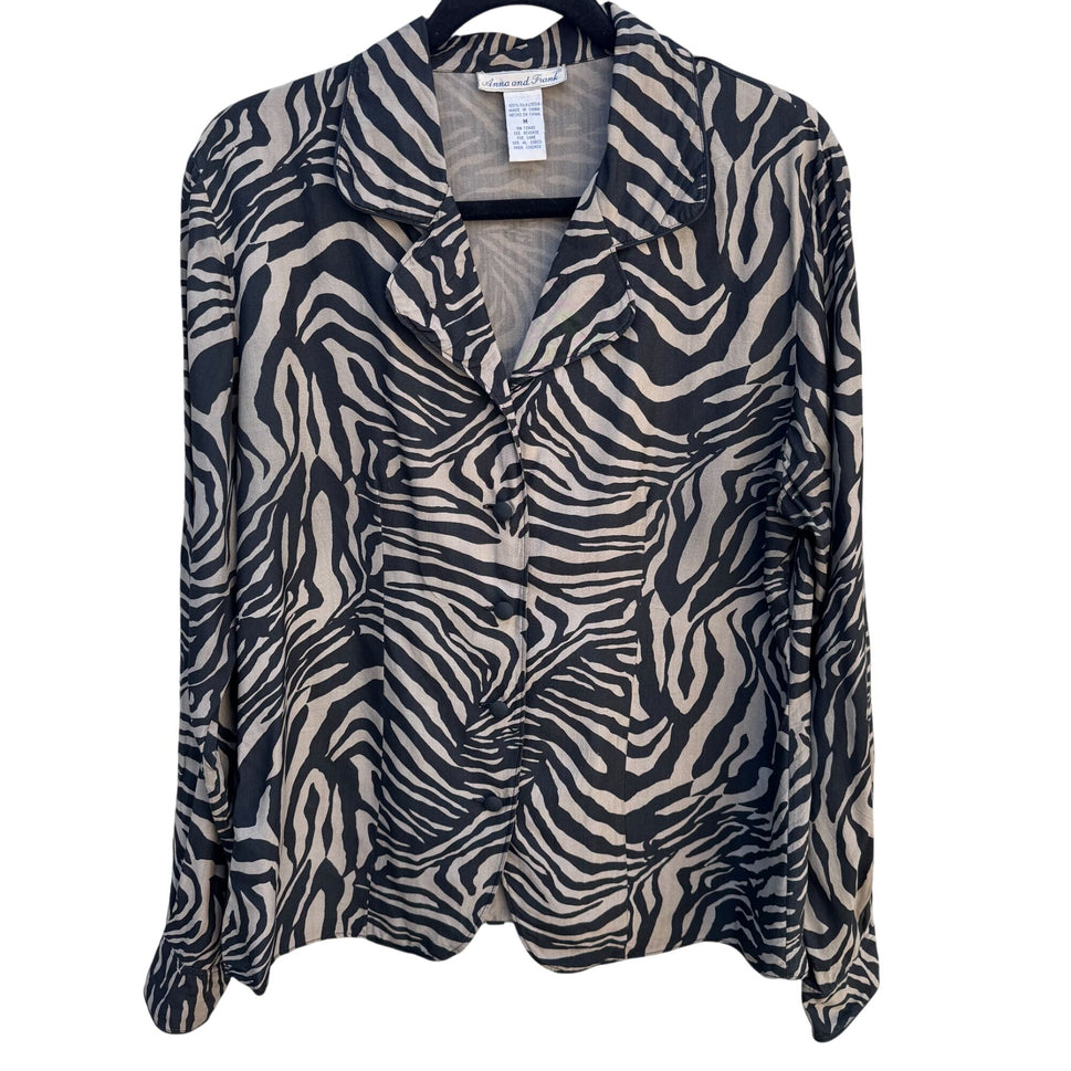 Anna & Frank Vintage Womens Zebra Animal Print Glam Silk Long Sleeve Blouse M