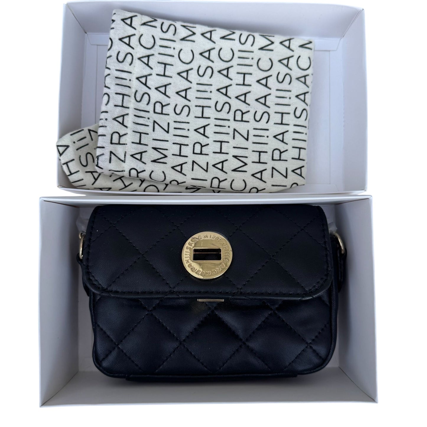 Isaac Mizrahi Live Quilted Mini Crossbody Bag Gold Logo Closure Chain Strap New