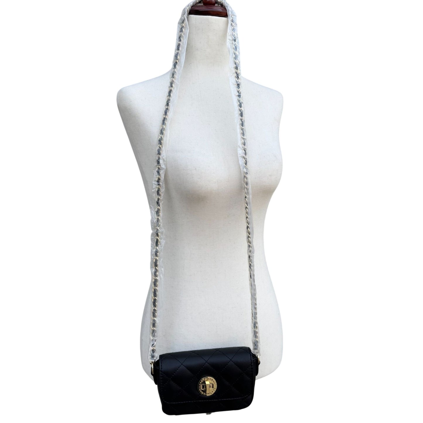 Isaac Mizrahi Live Quilted Mini Crossbody Bag Gold Logo Closure Chain Strap New