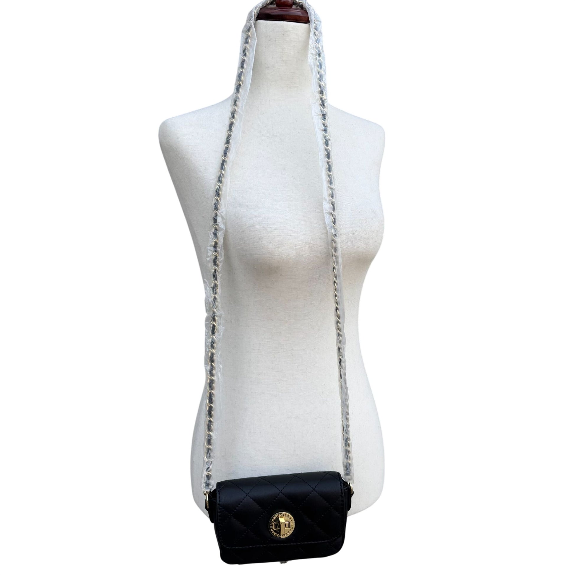 Isaac Mizrahi Live Quilted Mini Crossbody Bag Gold Logo Closure Chain Strap New