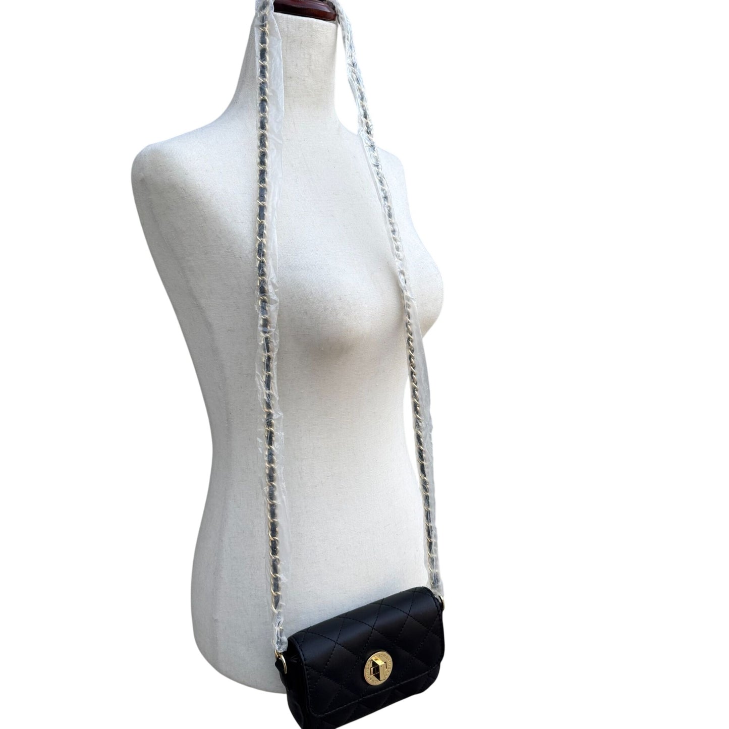 Isaac Mizrahi Live Quilted Mini Crossbody Bag Gold Logo Closure Chain Strap New