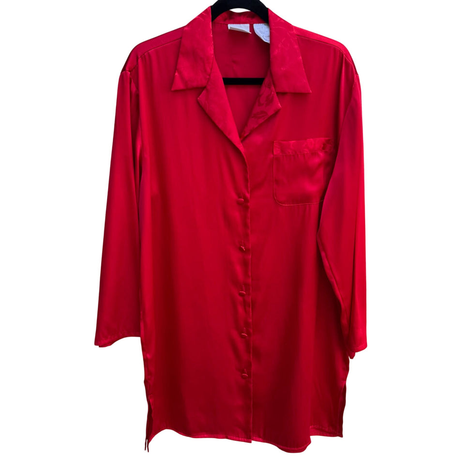 Secret Treasures Ladies Red Satin Button-Up Lightweight Sleepwear Shirt M