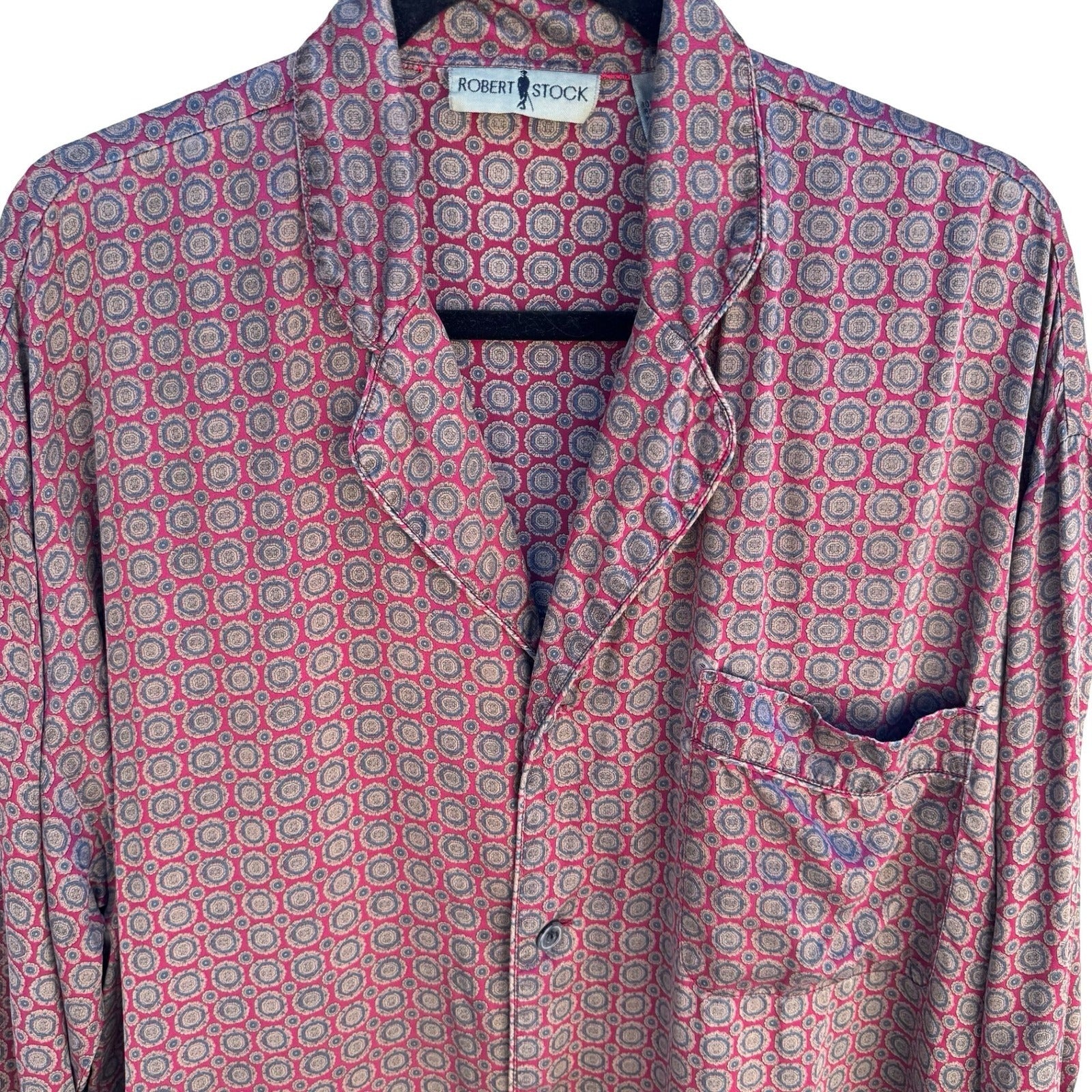 Robert Stock Vintage 90s Silk Pajama Shirt Bohemian Loungewear Medallion Mens L