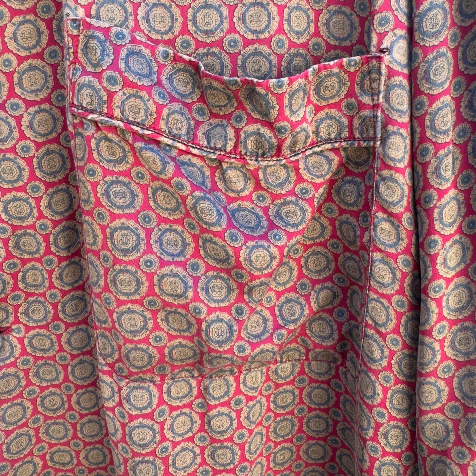 Robert Stock Vintage 90s Silk Pajama Shirt Bohemian Loungewear Medallion Mens L