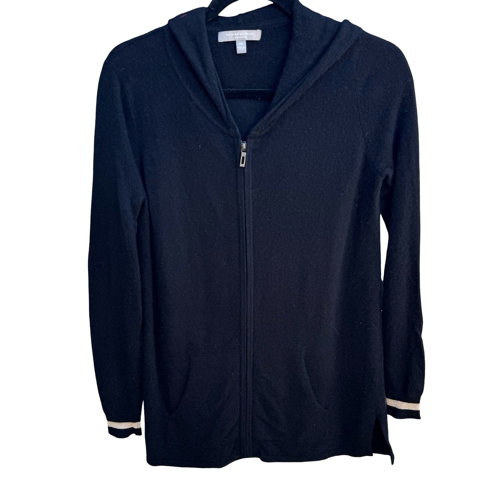 Neiman Marcus Cashmere Minimalist Quiet Luxury Full Zip Metallic Trim Hoodie XS