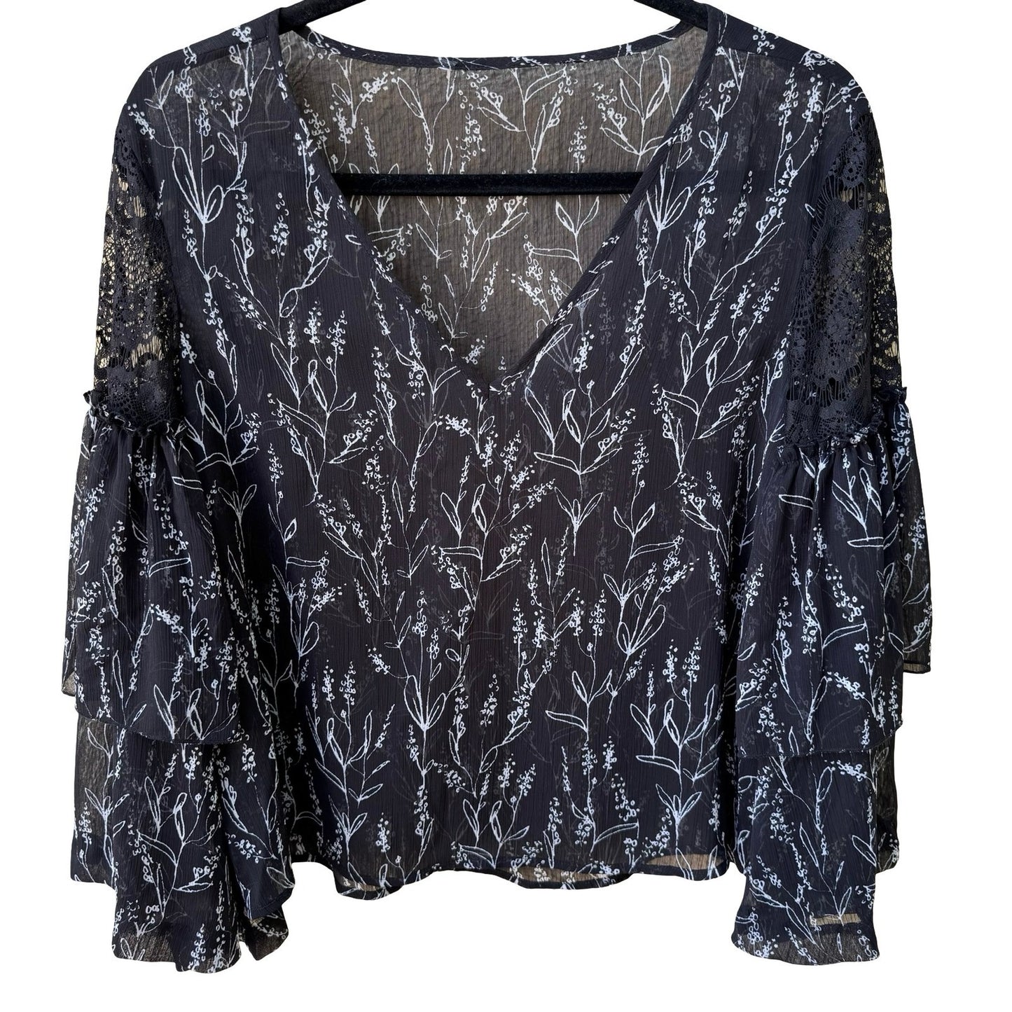 Boho Dark Floral Whimsigoth Chiffon Romantic Sheer Lace Ruffle Bell Sleeve Top L