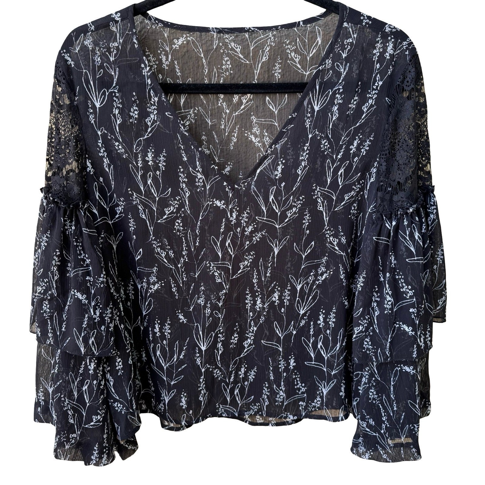 Boho Dark Floral Whimsigoth Chiffon Romantic Sheer Lace Ruffle Bell Sleeve Top L