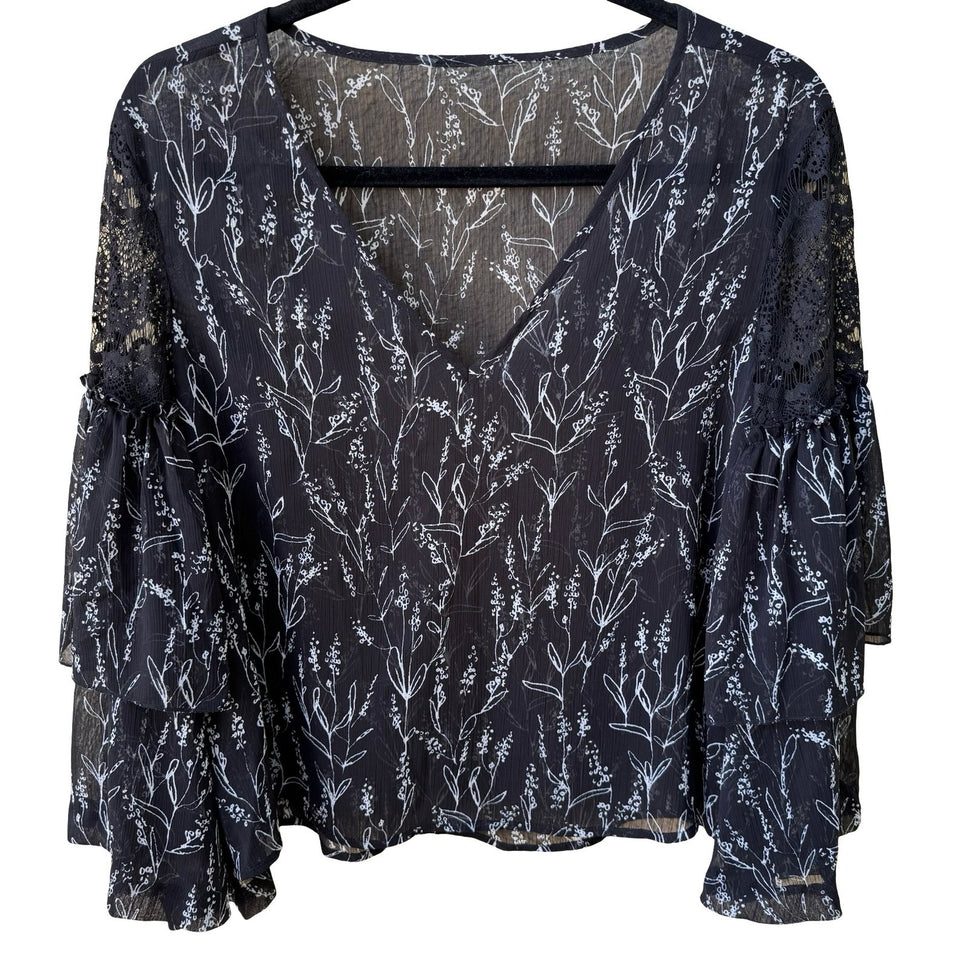 Boho Dark Floral Whimsigoth Chiffon Romantic Sheer Lace Ruffle Bell Sleeve Top L
