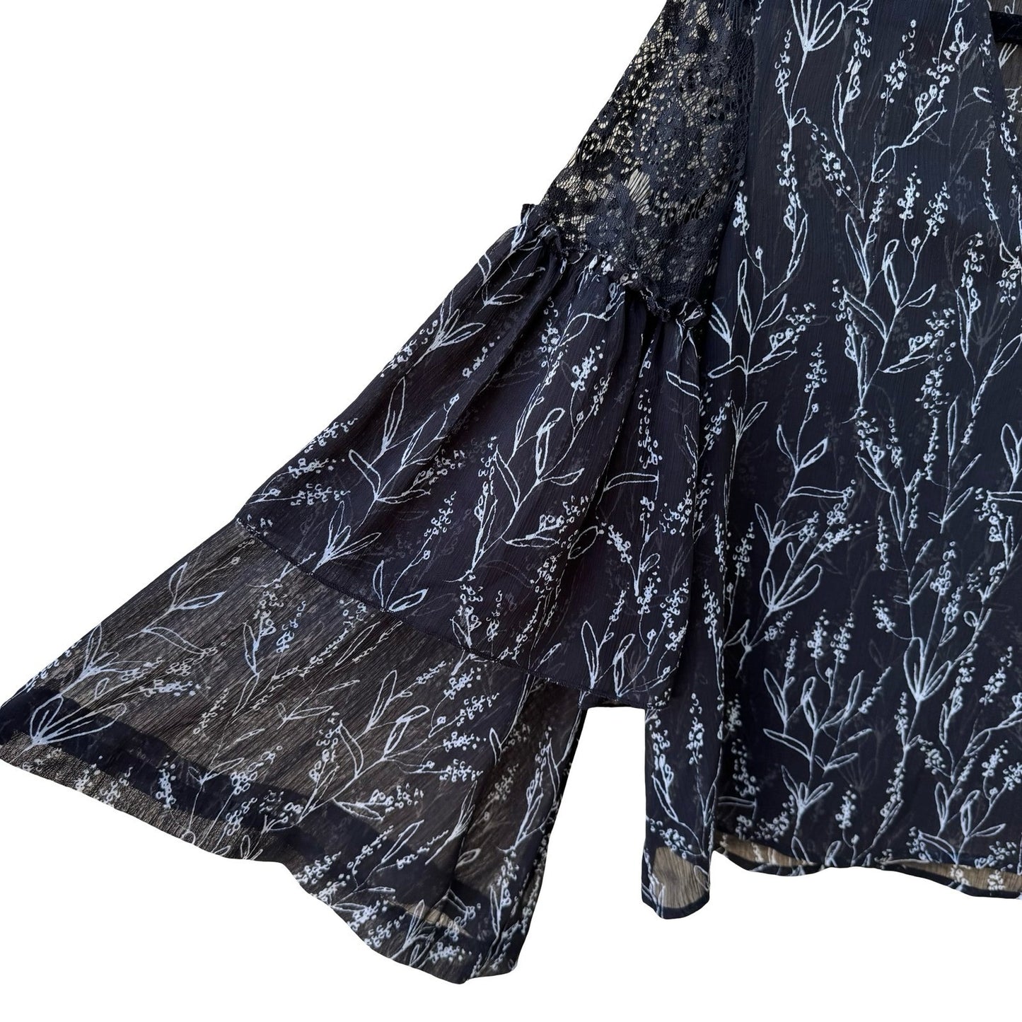 Boho Dark Floral Whimsigoth Chiffon Romantic Sheer Lace Ruffle Bell Sleeve Top L