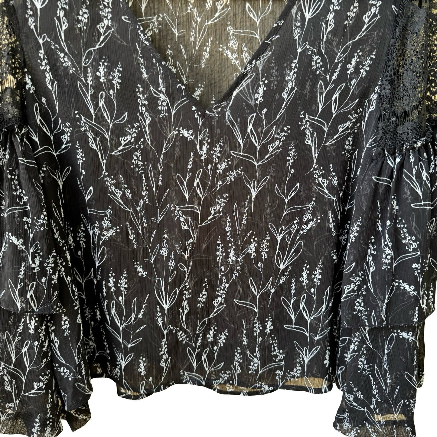 Boho Dark Floral Whimsigoth Chiffon Romantic Sheer Lace Ruffle Bell Sleeve Top L
