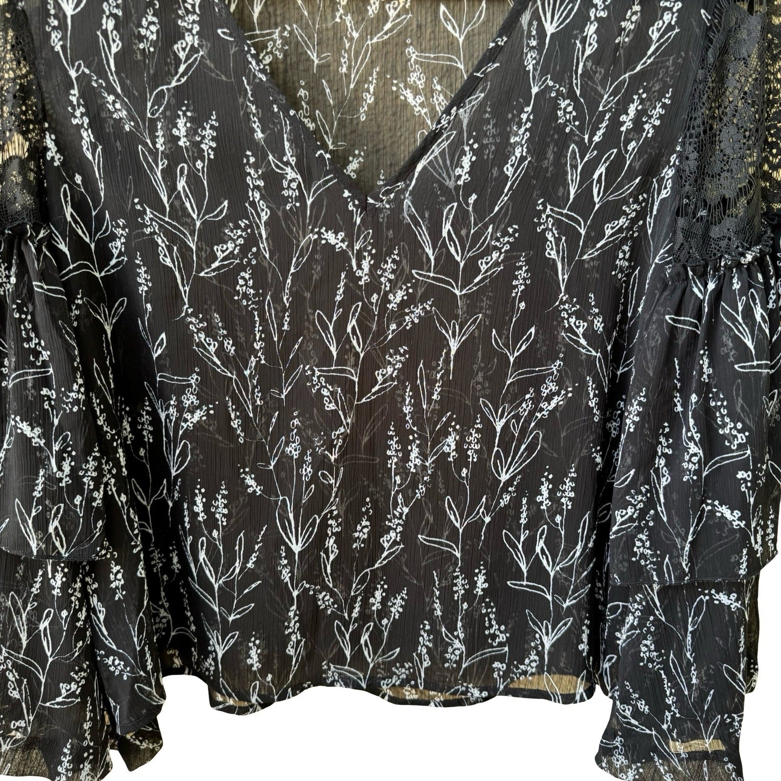 Boho Dark Floral Whimsigoth Chiffon Romantic Sheer Lace Ruffle Bell Sleeve Top L