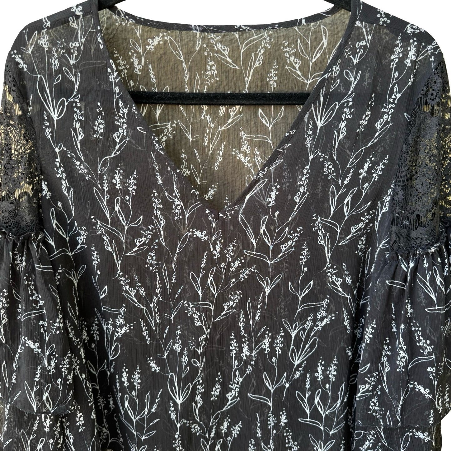 Boho Dark Floral Whimsigoth Chiffon Romantic Sheer Lace Ruffle Bell Sleeve Top L