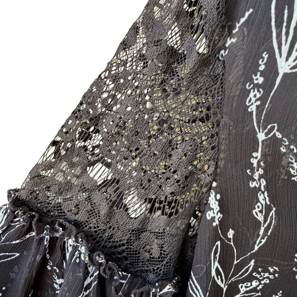 Boho Dark Floral Whimsigoth Chiffon Romantic Sheer Lace Ruffle Bell Sleeve Top L