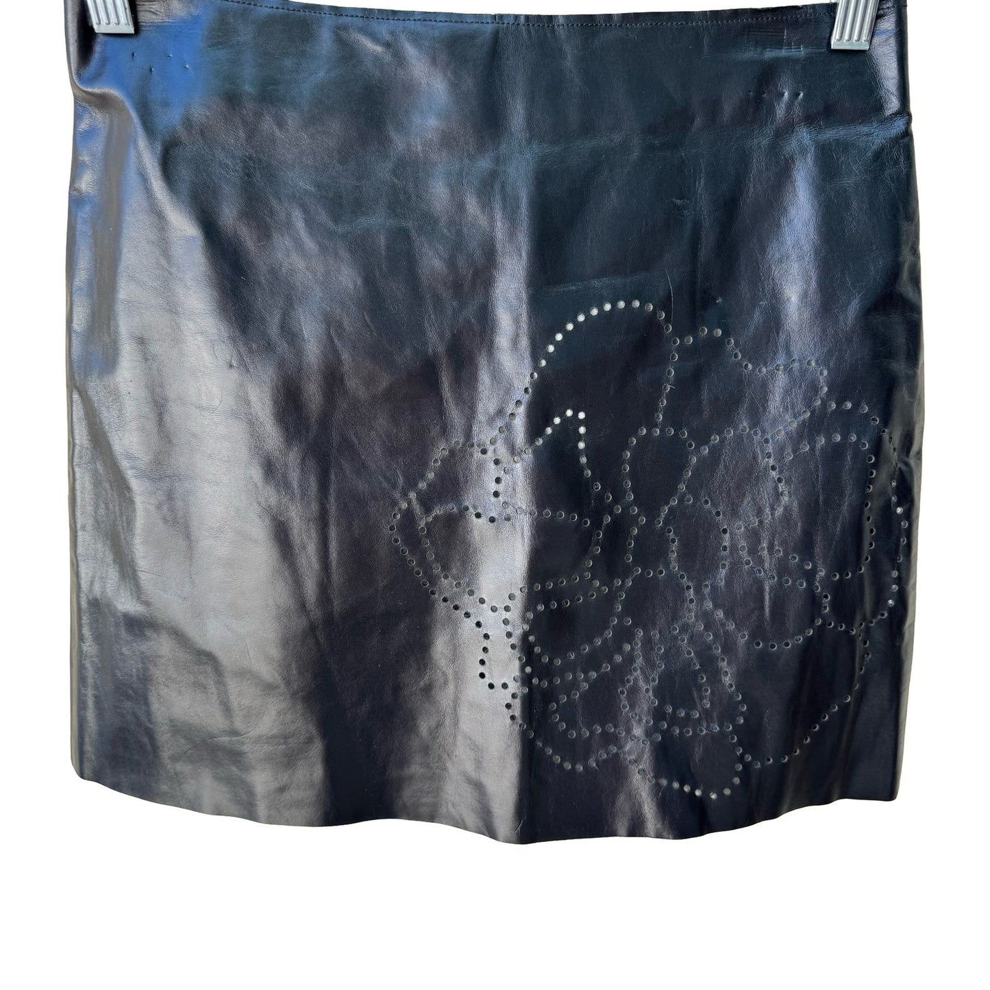 Poleci Vintage Y2K Edgy Moto Goth Leather Mini Skirt Laser Cut Dark Floral 4