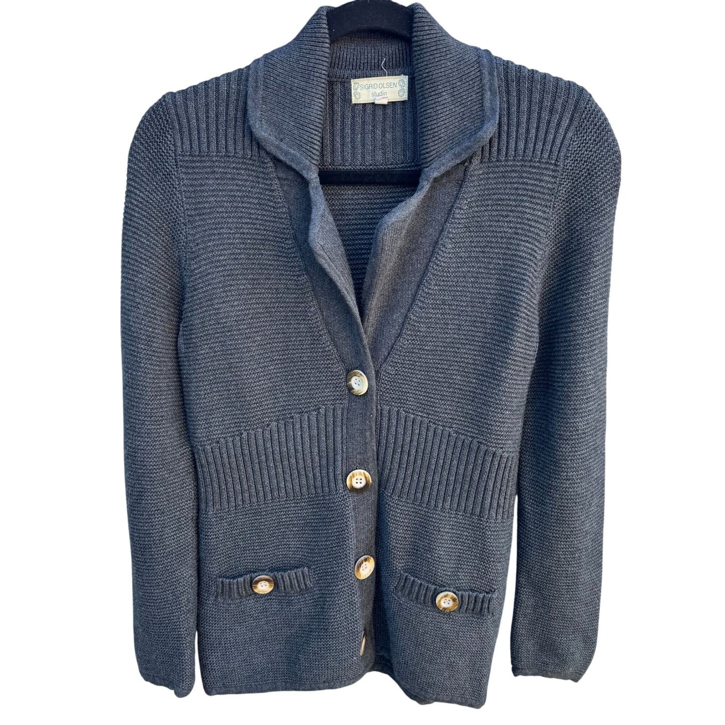 Sigrid Olsen Studio Gray Button-Up Cardigan With Ribbed Details & Pockets - XS