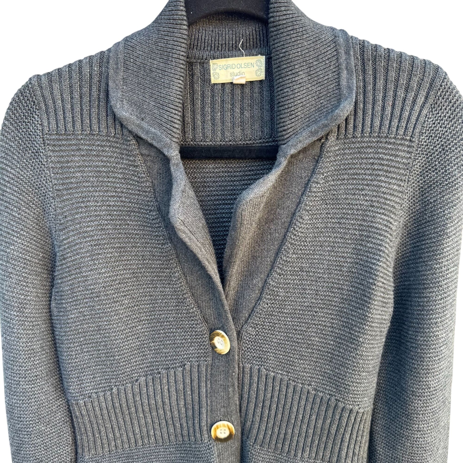 Sigrid Olsen Studio Gray Button-Up Cardigan With Ribbed Details & Pockets - XS