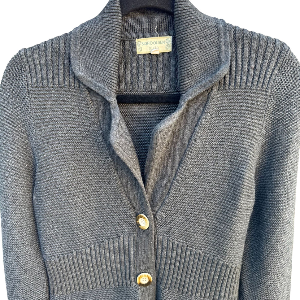 Sigrid Olsen Studio Gray Button-Up Cardigan With Ribbed Details & Pockets - XS