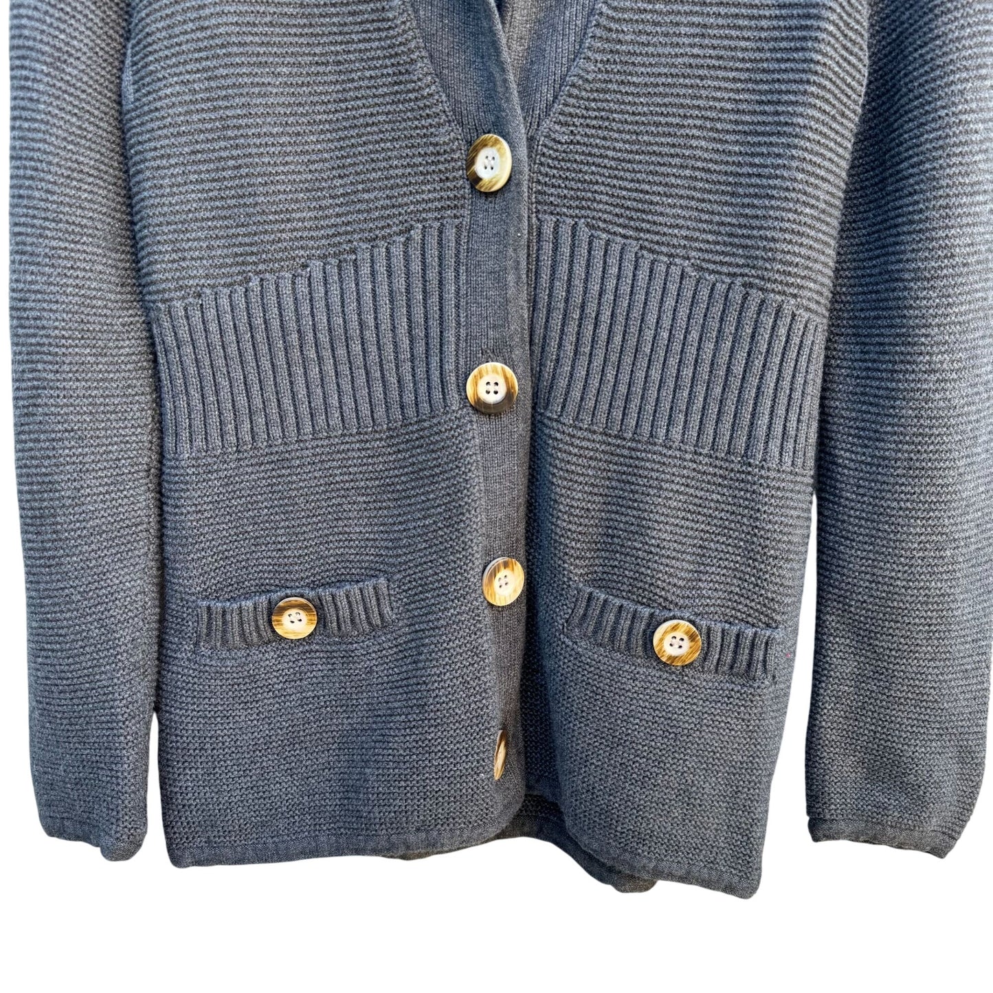 Sigrid Olsen Studio Gray Button-Up Cardigan With Ribbed Details & Pockets - XS