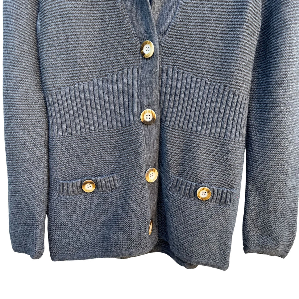 Sigrid Olsen Studio Gray Button-Up Cardigan With Ribbed Details & Pockets - XS