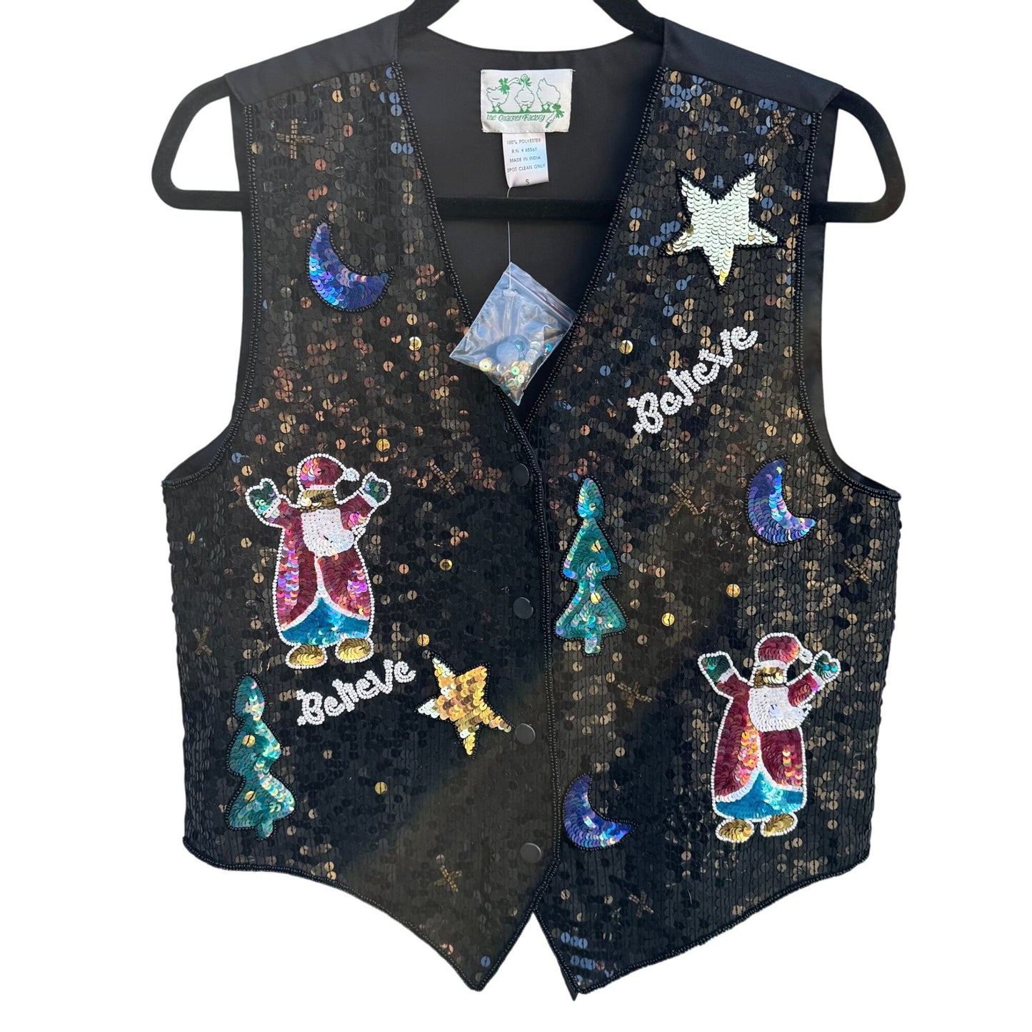 The Quacker Factory Vintage Black Holiday Santa Tree Snap Closure Sequin Vest S