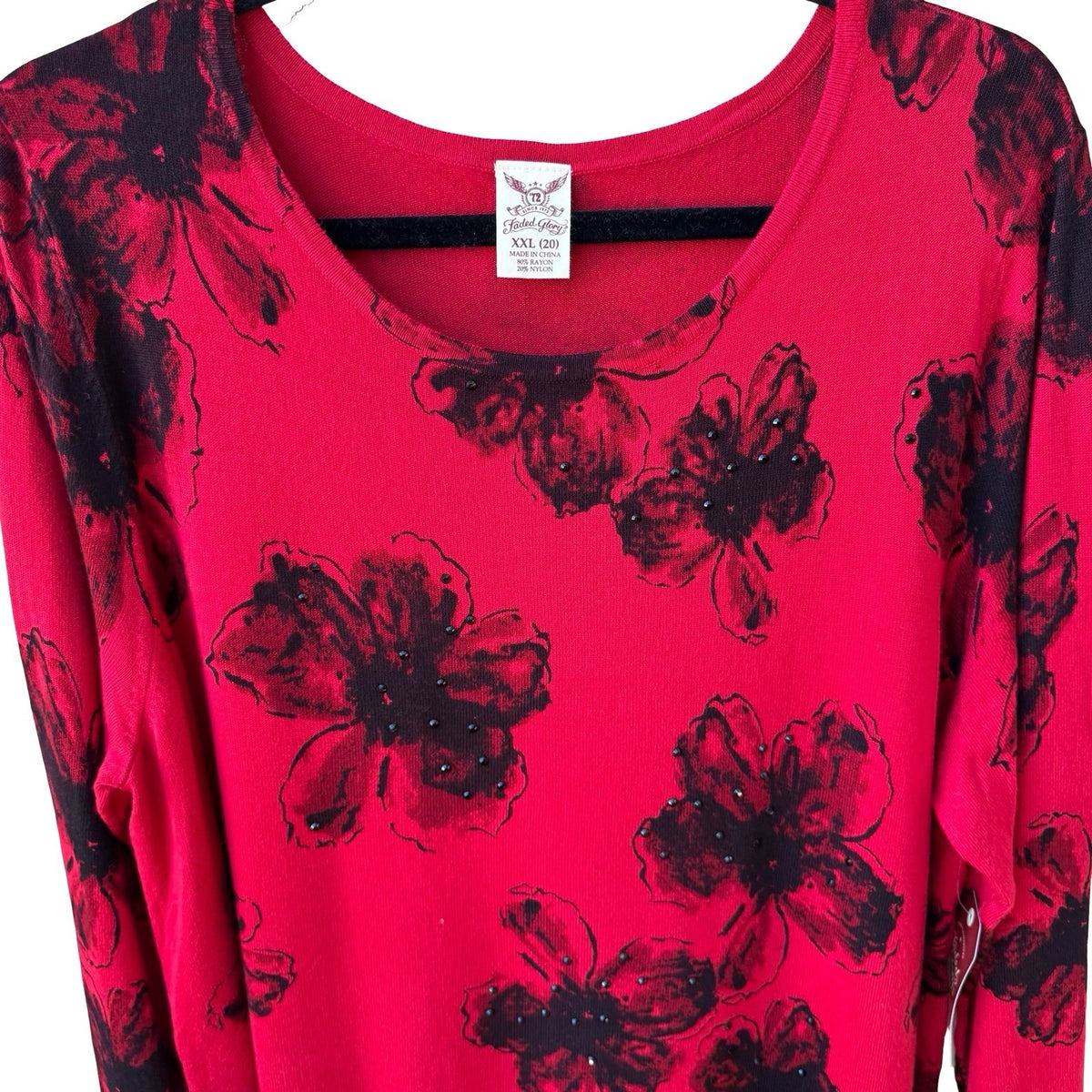 Faded Glory Romantic Floral Beaded Embellised Pullover Knit Sweater Red XXL NEW