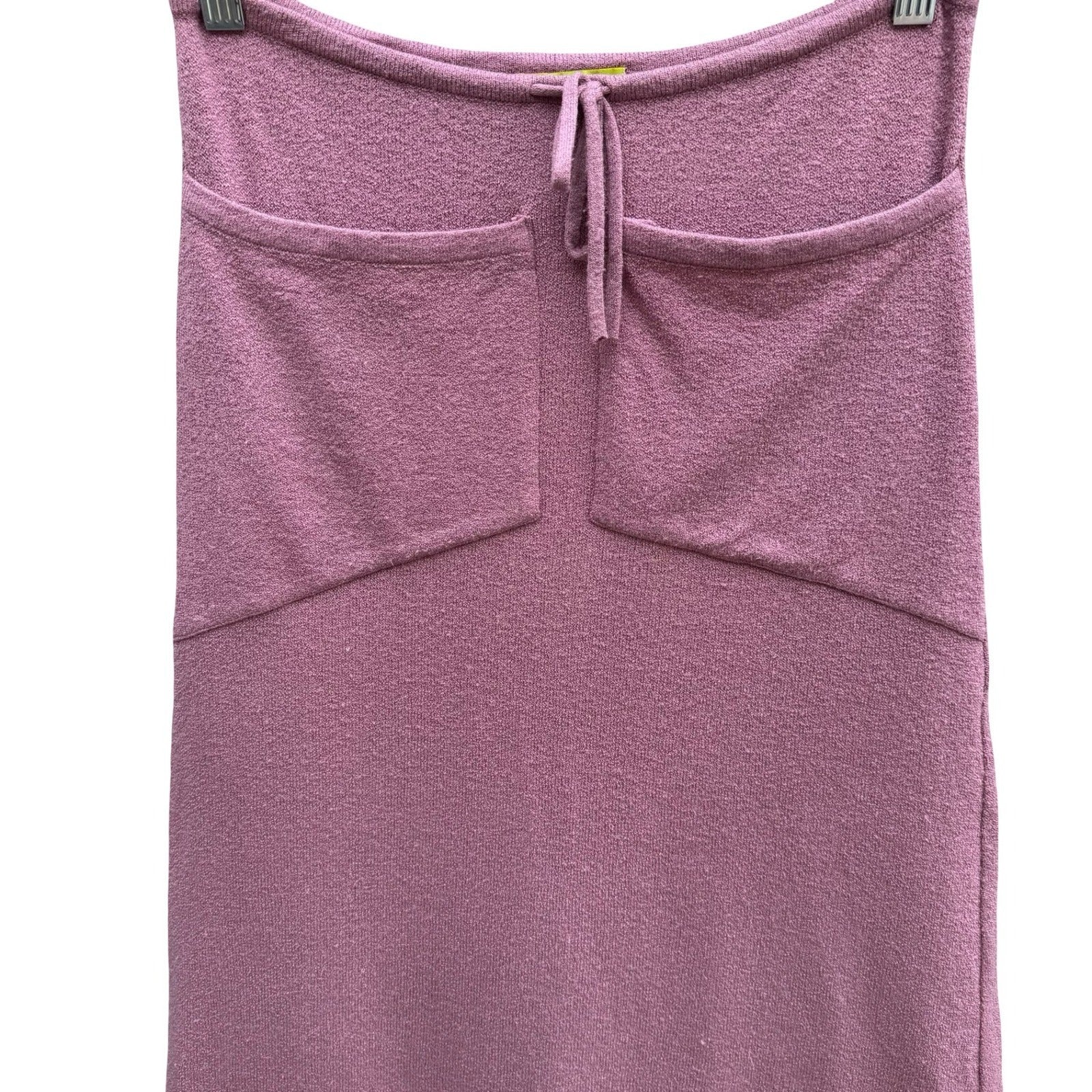 Ago e Filo Coquette Boho Mauve Boucle Italian Knit Skirt Fringe Hem Front Tie