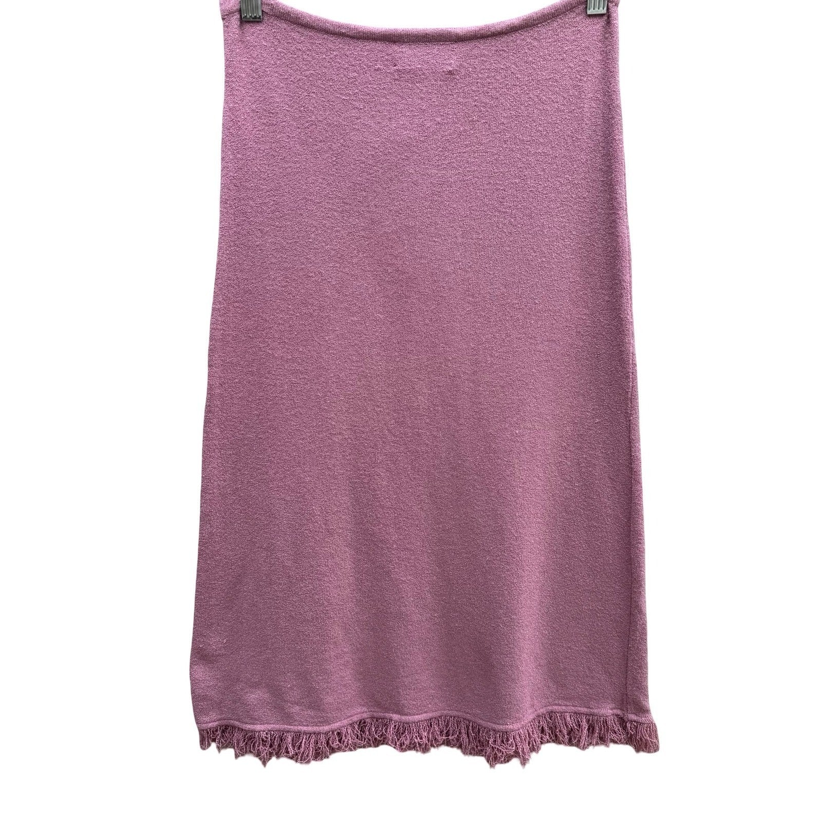 Ago e Filo Coquette Boho Mauve Boucle Italian Knit Skirt Fringe Hem Front Tie