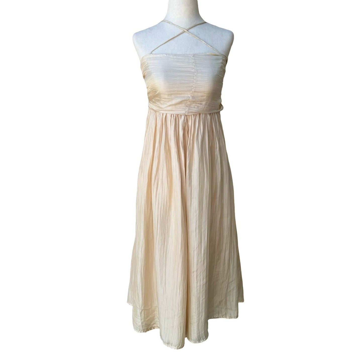 Chan Luu Y2K Silk Ethereal Fairycore Ballet Crinkle Halter Midi Dress Back Bow S