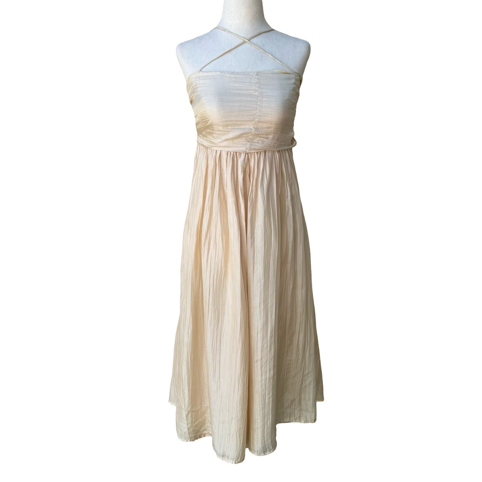 Chan Luu Y2K Silk Ethereal Fairycore Ballet Crinkle Halter Midi Dress Back Bow S