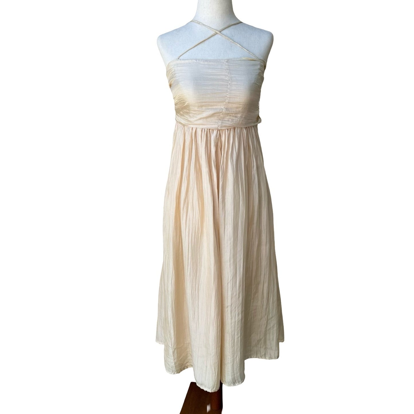 Chan Luu Y2K Silk Ethereal Fairycore Ballet Crinkle Halter Midi Dress Back Bow S