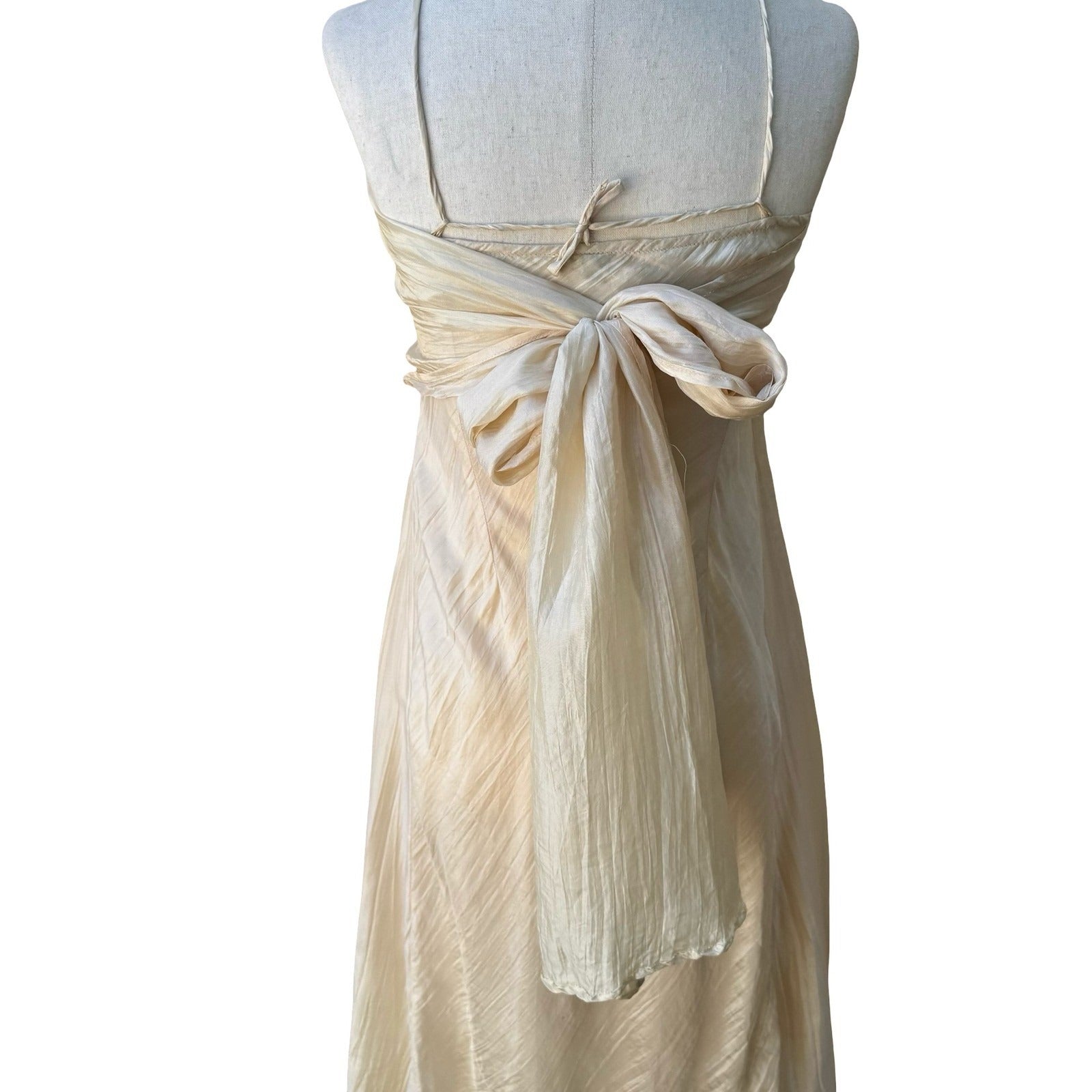 Chan Luu Y2K Silk Ethereal Fairycore Ballet Crinkle Halter Midi Dress Back Bow S