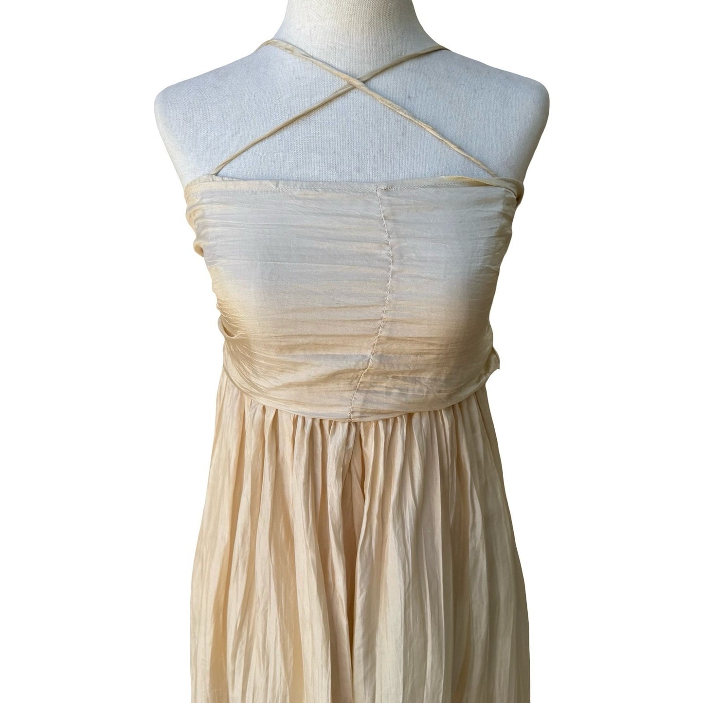 Chan Luu Y2K Silk Ethereal Fairycore Ballet Crinkle Halter Midi Dress Back Bow S