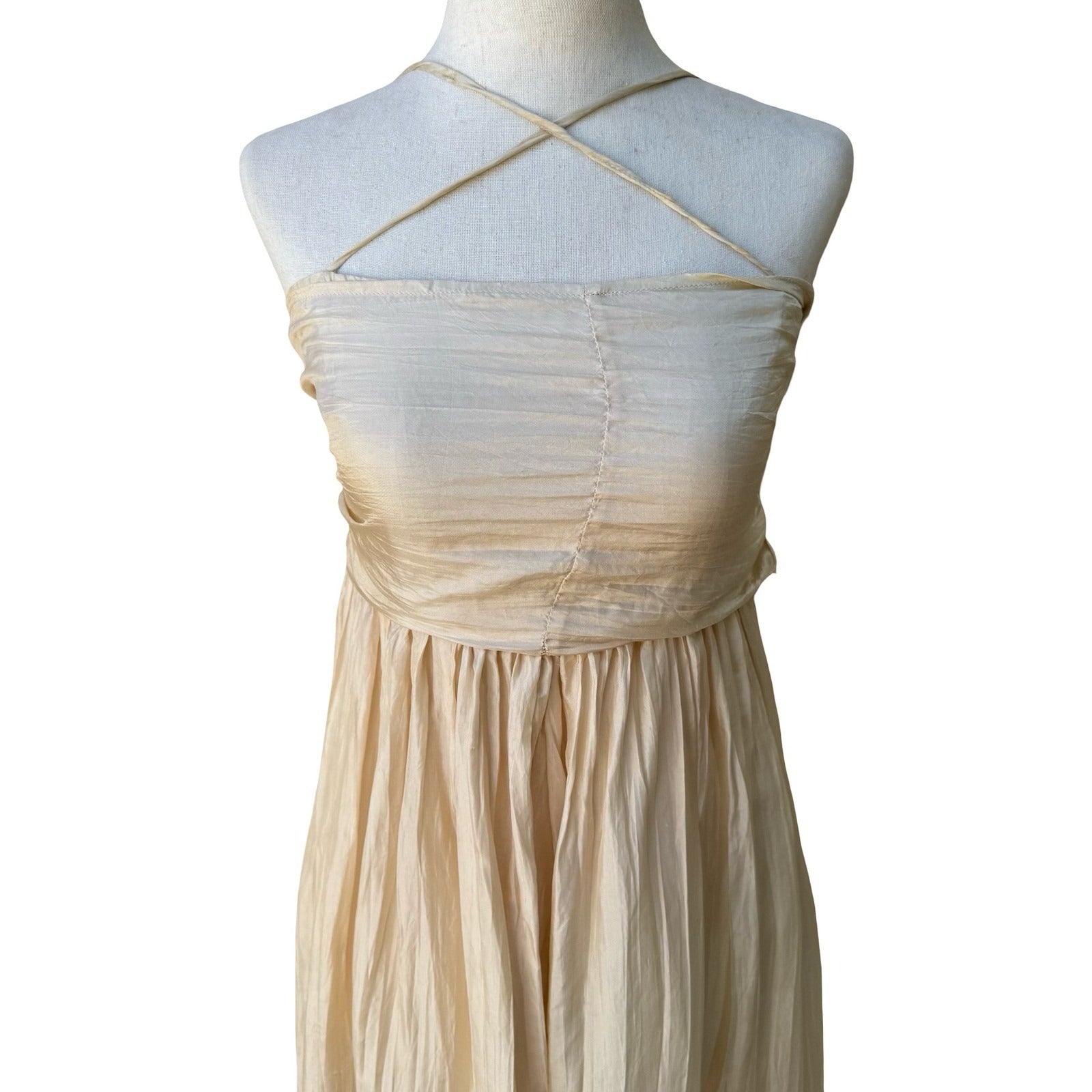 Chan Luu Y2K Silk Ethereal Fairycore Ballet Crinkle Halter Midi Dress Back Bow S
