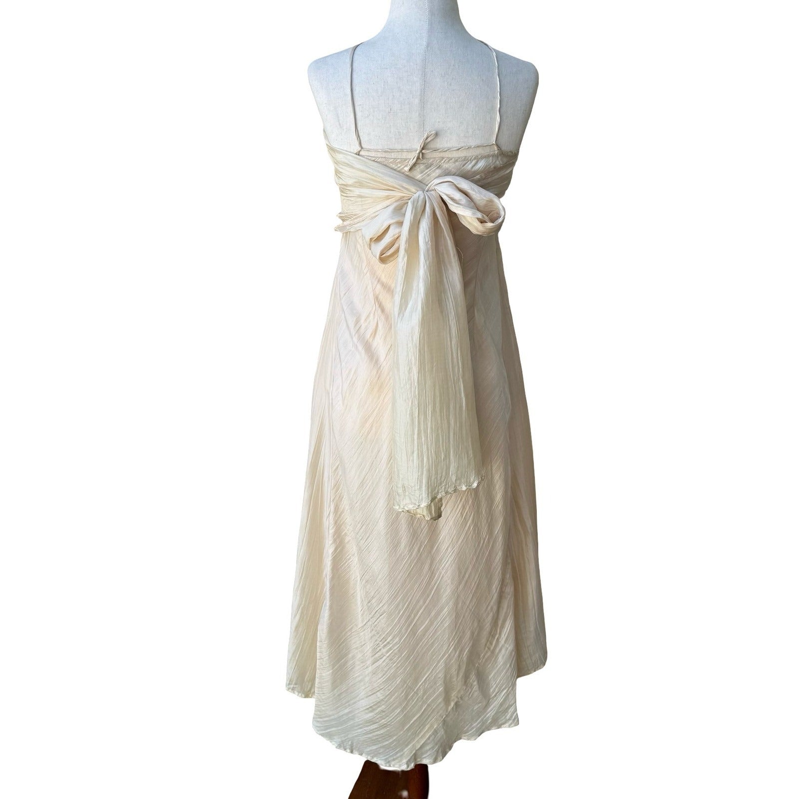 Chan Luu Y2K Silk Ethereal Fairycore Ballet Crinkle Halter Midi Dress Back Bow S