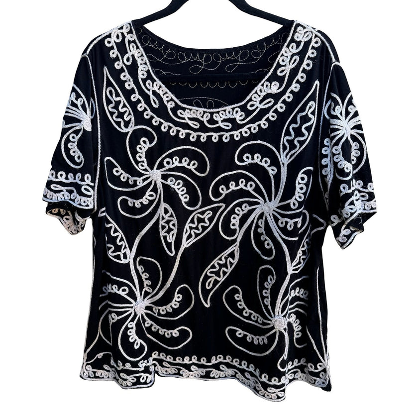 Boho Gypsy Whimsigoth Art To Wear Metallic Soutache Embroidered Blouse Black 3X