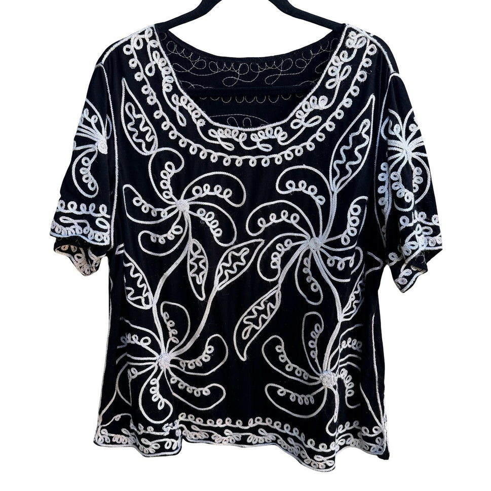 Boho Gypsy Whimsigoth Art To Wear Metallic Soutache Embroidered Blouse Black 3X