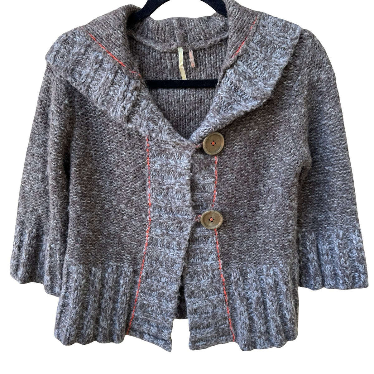 Free People Boho Whimsigoth Hooded Chunky Knit Contrast Stitch Cardigan Brown M