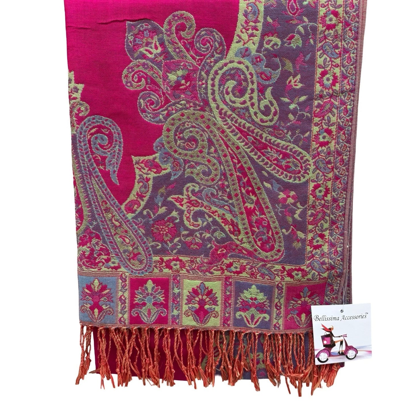 Bellissima Accessories Pink Paisley Pashmina Wrap Scarf Fringe Viscose Blend NEW