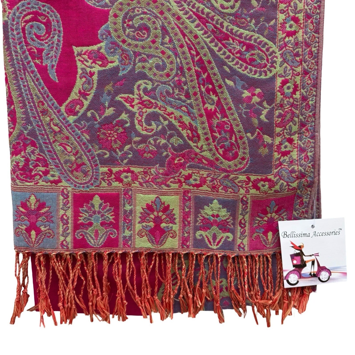 Bellissima Accessories Pink Paisley Pashmina Wrap Scarf Fringe Viscose Blend NEW
