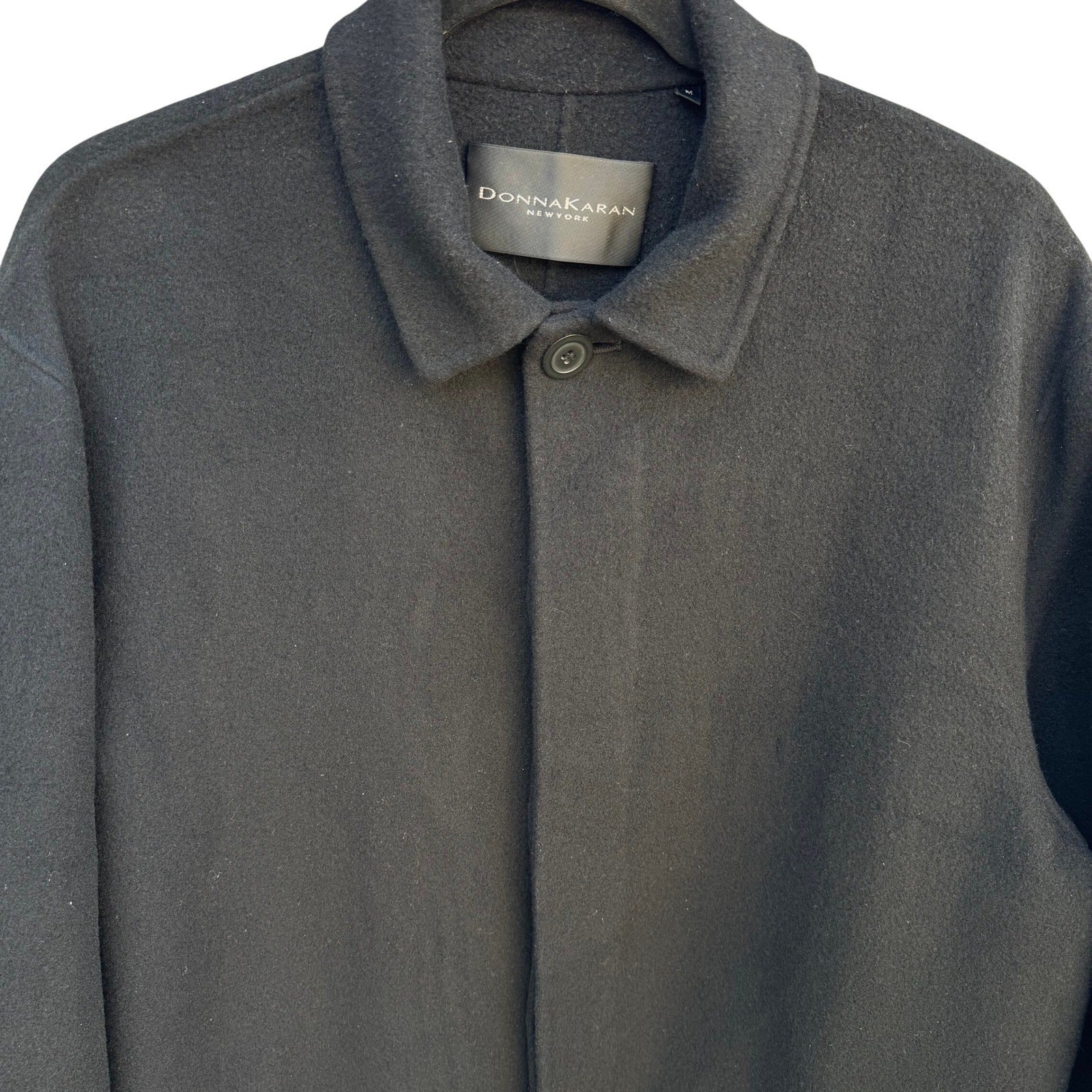 Donna Karan New York Mens Wool Blend Car Coat Black Hidden Button Overcoat Med