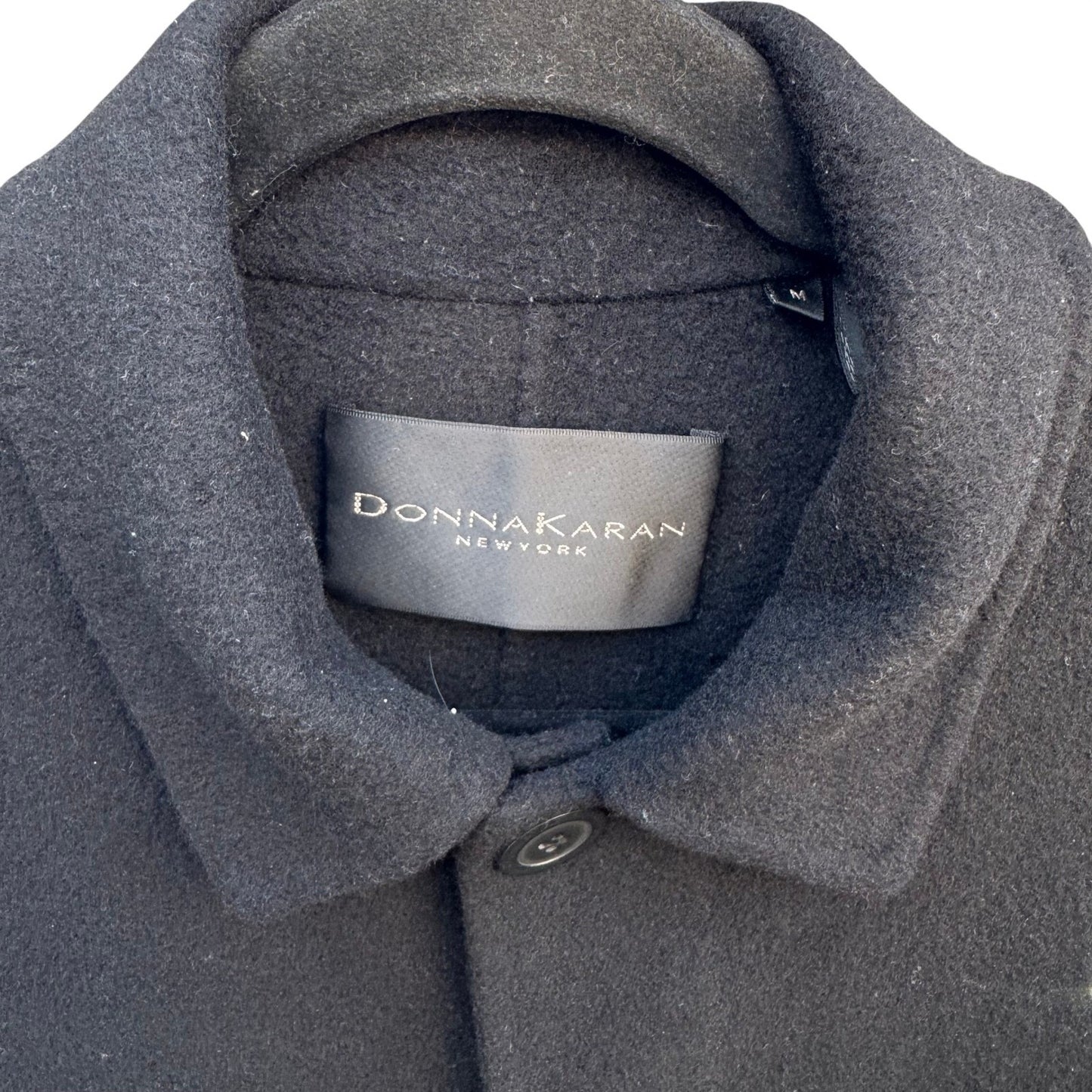 Donna Karan New York Mens Wool Blend Car Coat Black Hidden Button Overcoat Med