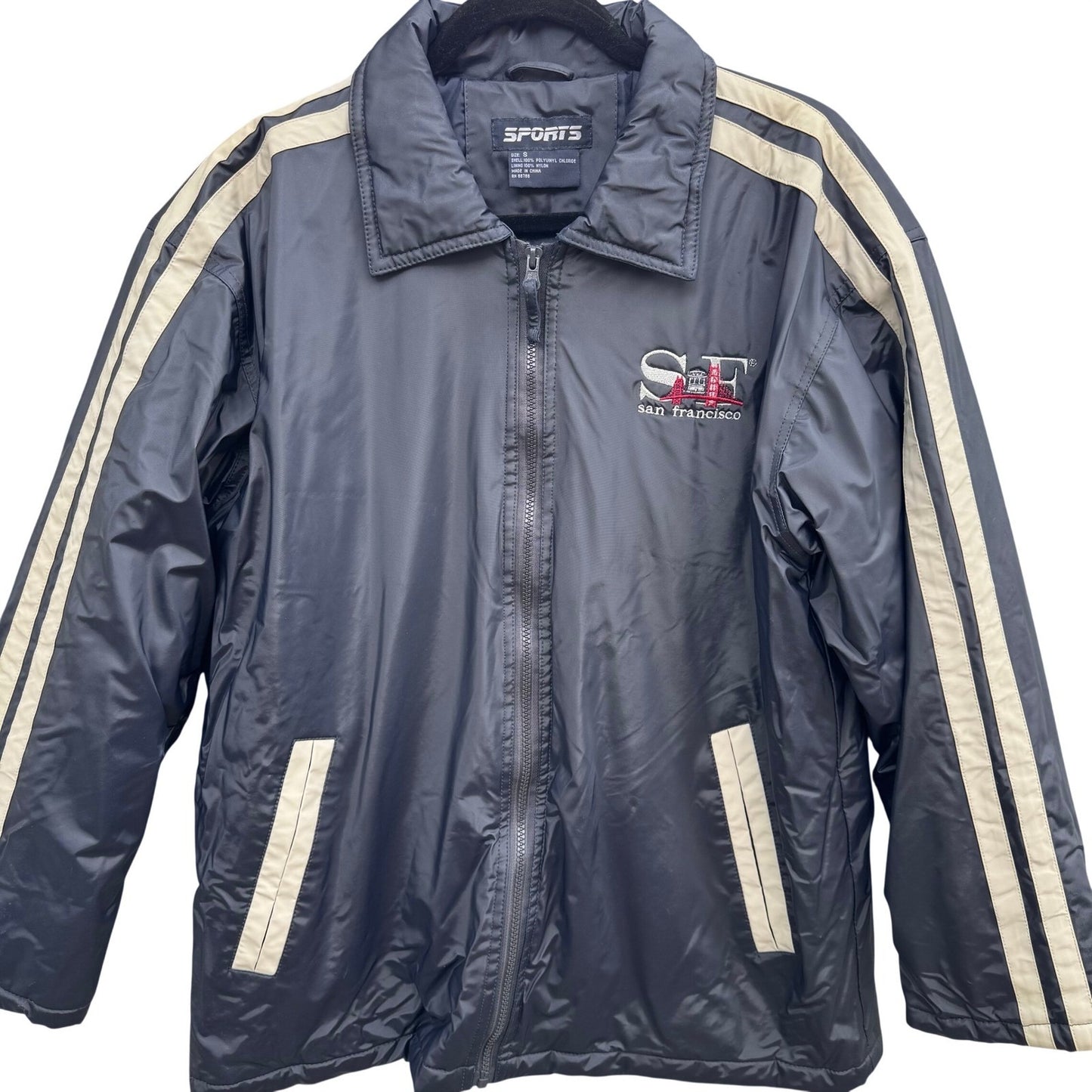 Sports San Francisco Windbreaker Moto Jacket Mens S Navy SF Golden Gate Striped