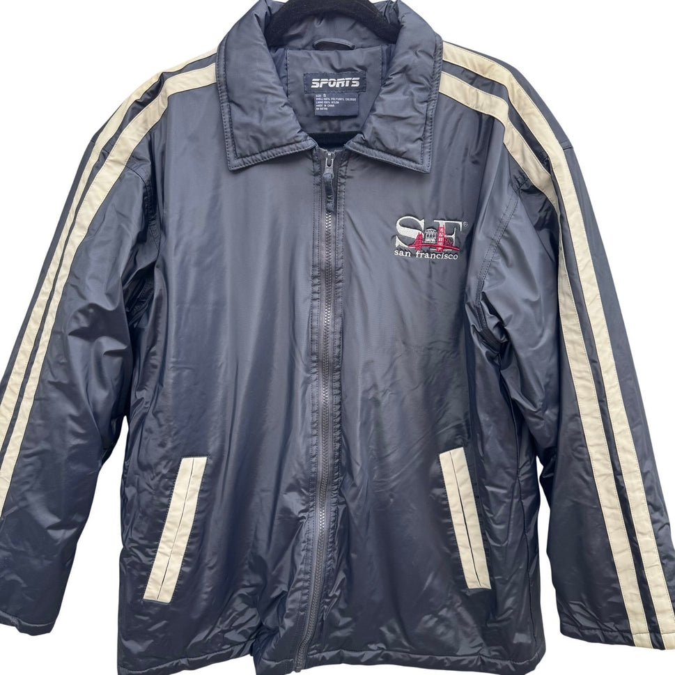 Sports San Francisco Windbreaker Moto Jacket Mens S Navy SF Golden Gate Striped