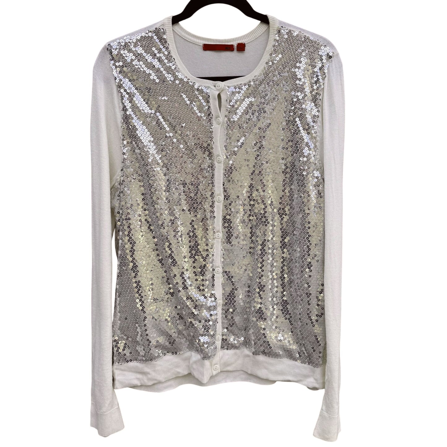 Red Womens Silver Sequin Front Ivory Knit Glam Party Cardigan Sweater Large